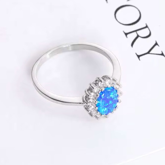 S925 Sterling Silver Clear Sunflower Sea Blue Opal Cubic Zirconia Ring - Picture 3 of 7